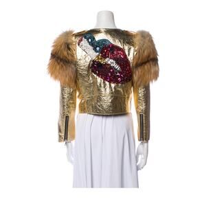 Marc Jacobs Fox Fur Leather Jacket Gold Sequin Lips disco retro M 6